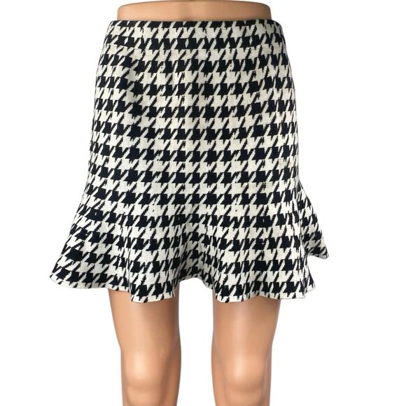 Shein Black White Houndstooth Ruffle Knit Pull On Mini A-Line Pencil Skirt Sz L - Picture 1 of 5
